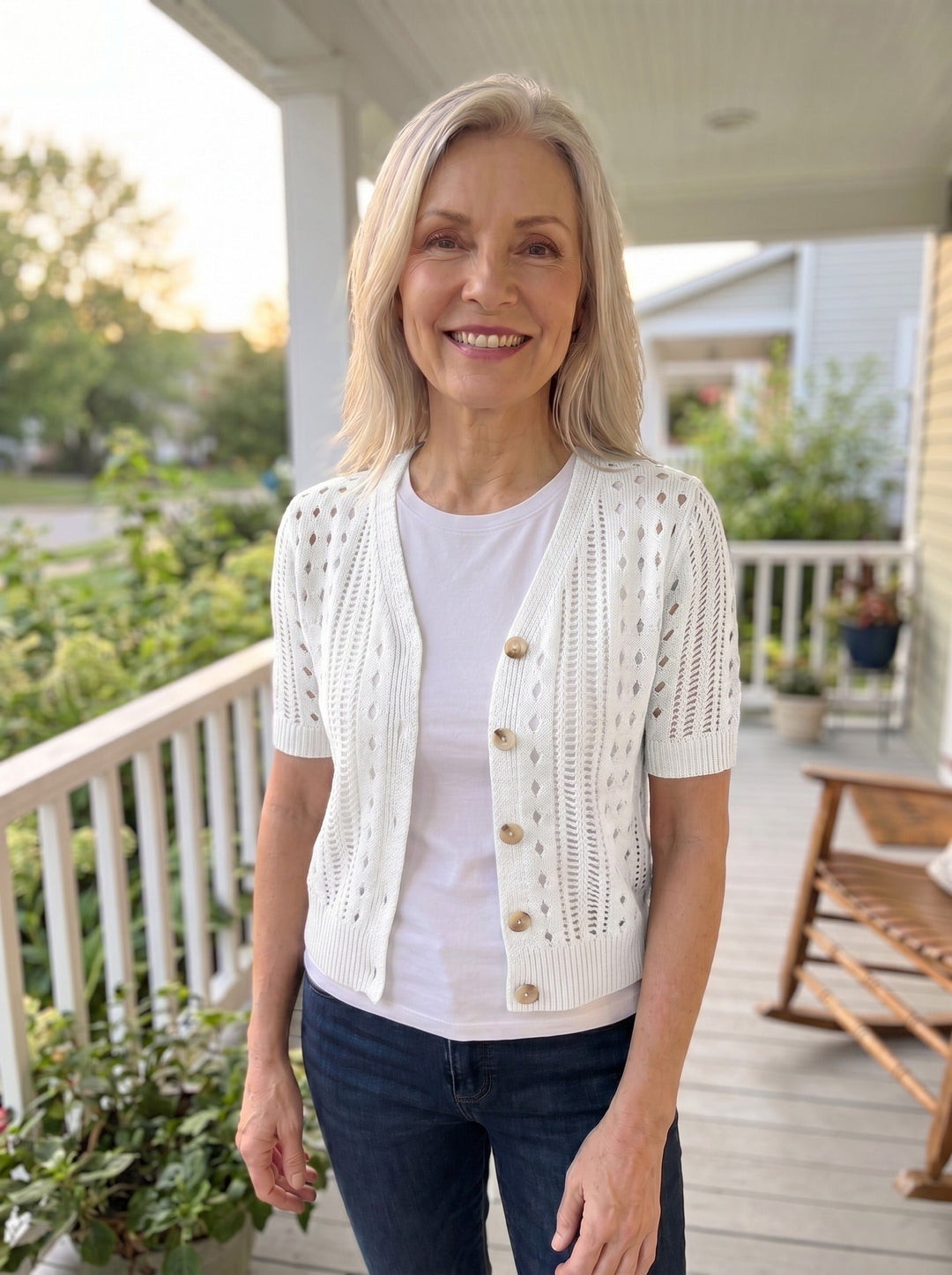 Pointelle knit cardigan with short sleeves and V-neck for women