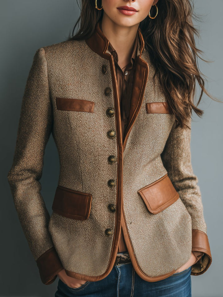 Herringbone Tweed Leather-Trim Jacket for Women