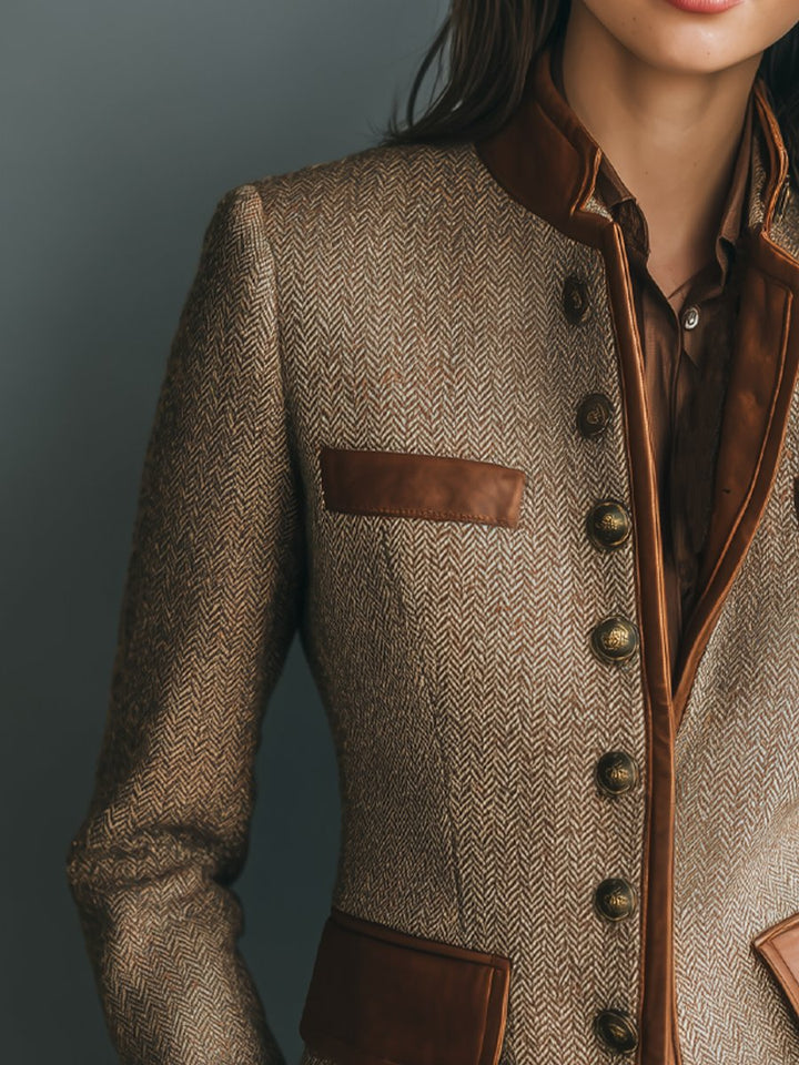Herringbone Tweed Leather-Trim Jacket for Women