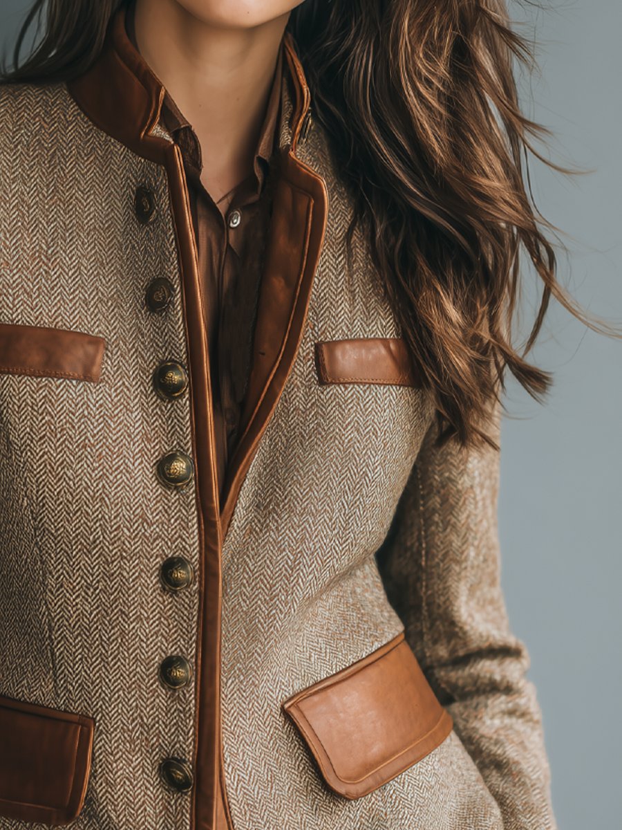 Herringbone Tweed Leather-Trim Jacket for Women