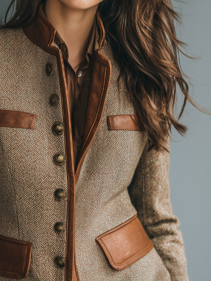 Herringbone Tweed Leather-Trim Jacket for Women