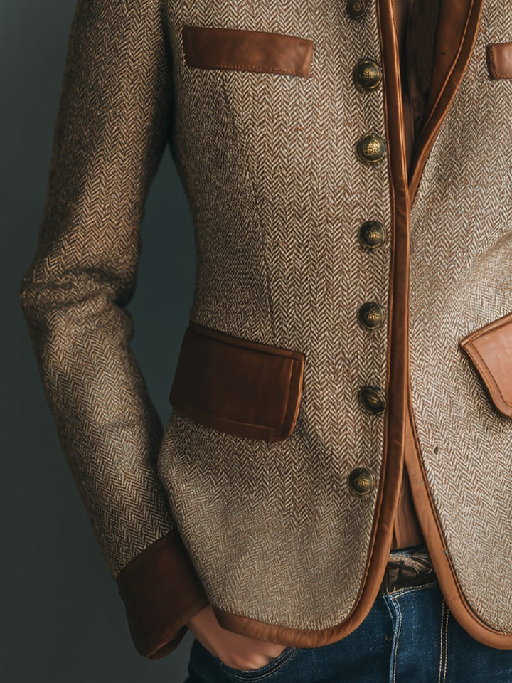 Herringbone Tweed Leather-Trim Jacket for Women