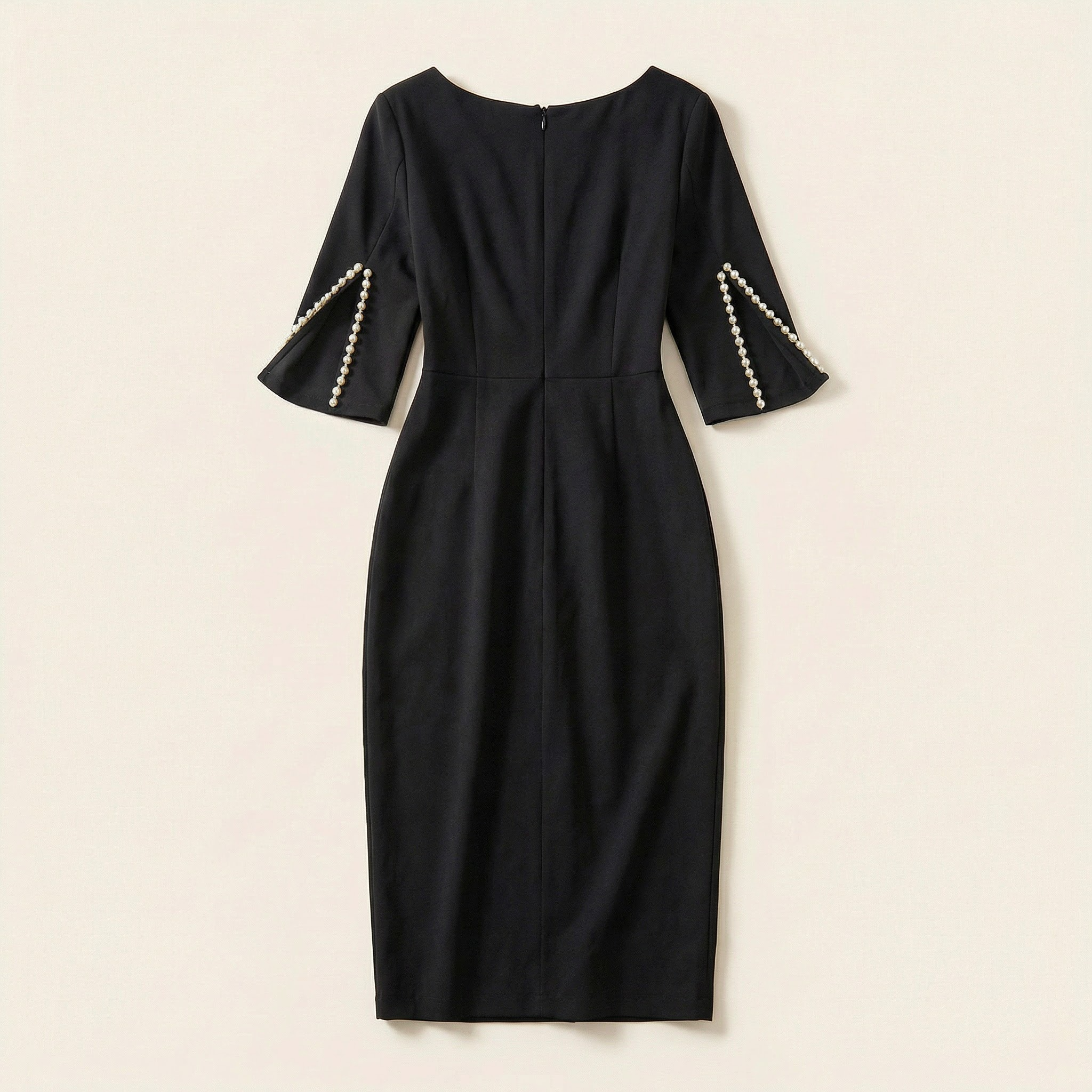 Women’s Elegant Bodycon Dress – 3/4 Sleeve Pearl Trim Slim Fit Midi Dress