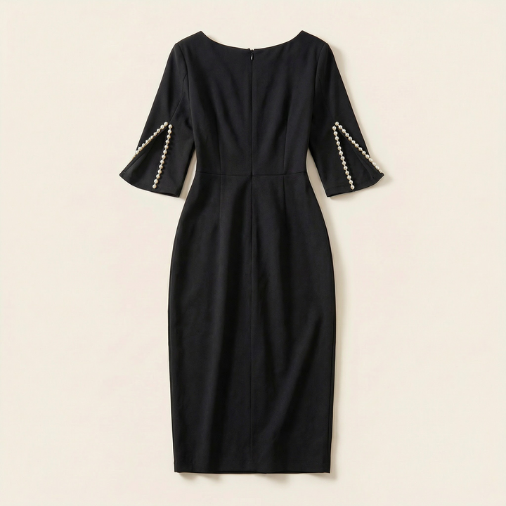 Women’s Elegant Bodycon Dress – 3/4 Sleeve Pearl Trim Slim Fit Midi Dress